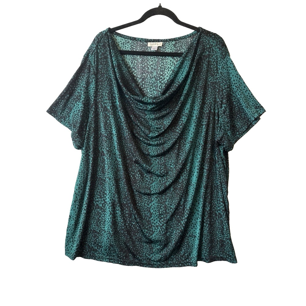 Jaclyn Smith Emerald Green Black Leopard Drape Neck Slinky Top 3X Whimsigoth